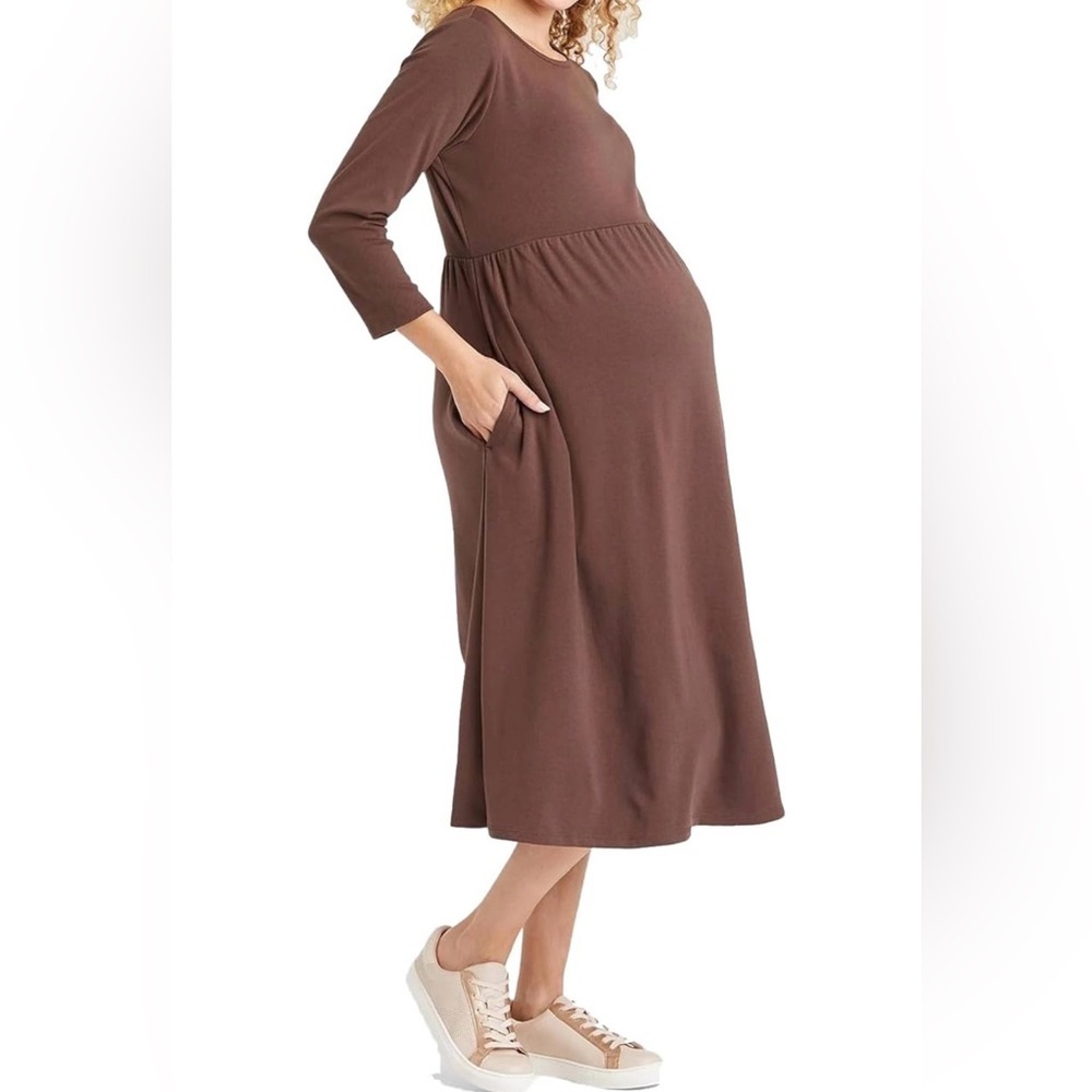 Isabel Maternity Brown 3/4 Sleeve Cozy Knit Pocket Empire Dress | Size XL